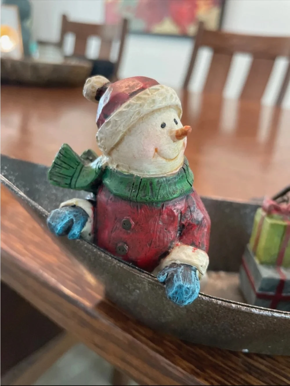 Santa and Snowman in metal fishing boat